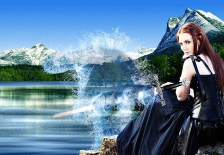 Lady of the lake - fantasy, magic, lady, spell, sword, lake, mountain, excalibur