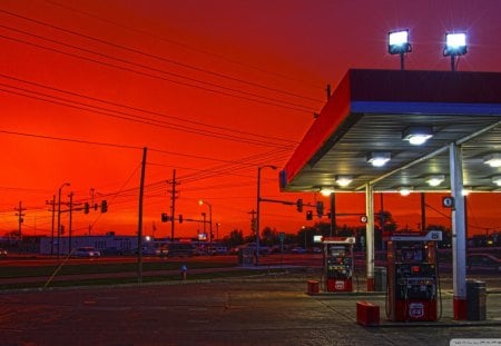 gas staion under a red sky - street, town, red, gas station, sky