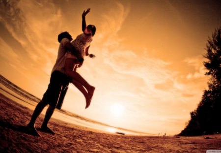 happy love - beach, sky, fisheye photo, couple