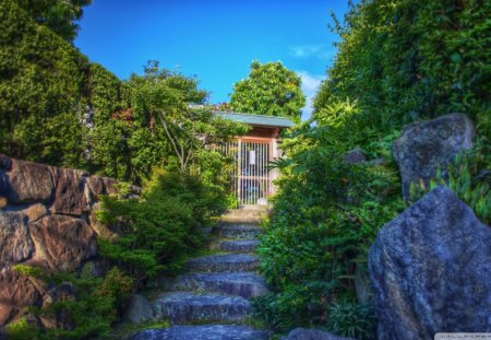 hidden house hdr - gate, trees, stone, steps