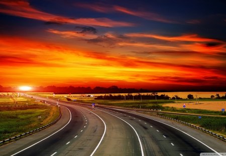 highway to glorious sunset - highway, signs, sunset, fields