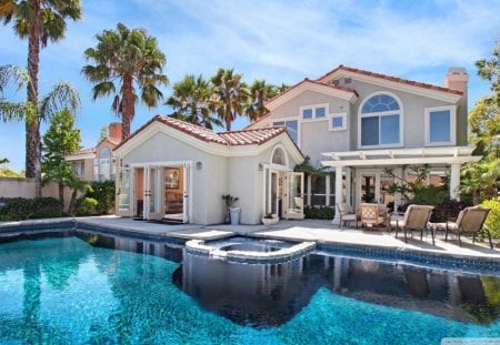 cool pool in a beautiful backyard - house, backyard, palms, pool