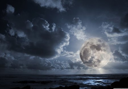 huge moon - moon, sea, reflection, clouds