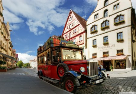 kathe wohlfahrts christmas shop - cobble stones, bus, street, shop