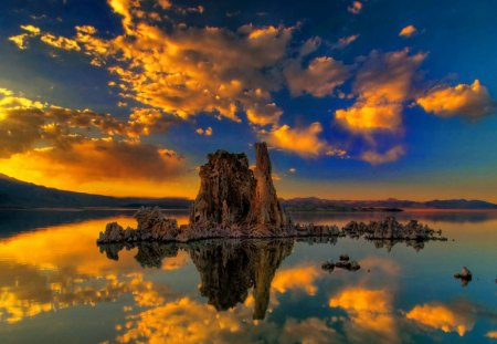 Sunset sky - calm, summer, sundown, sunrise, reflection, crystal, golden, nice, sky, clouds, beautiful, mirrored, lovely, orange, nature, sunset, clear, dusk, roclks