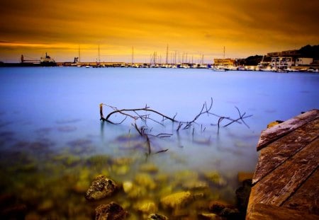 BEAUTIFUL DUSK - lake, dusk, landscape, boat, stones, pier, shore