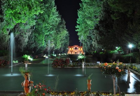 kerman prince garden iran - garden, pool, house, trees, fountain