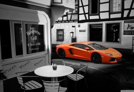 lambroghini aventador - restaurant, street, stores, car