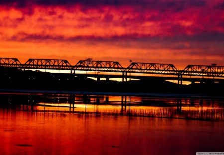 bridge in red - silhouette, sunset, red, bridge