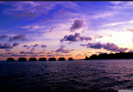 beautiful maldives seascape - bungalows, island, sea, sundown