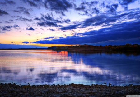 pastel blue sunset - lake, sunset, shore, blue