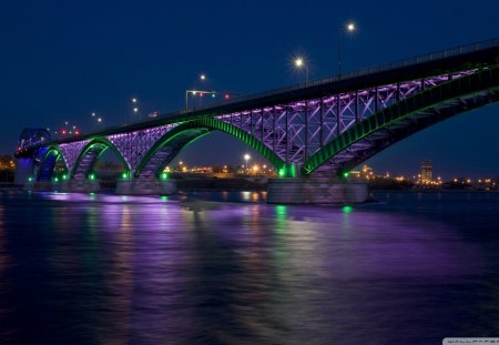 peace bridge at night - new york, nyc, nice, water, colorful, mirrored, amazing, pretty, reflection, river, america, buffalo, usa, bridge, dusk, night, summer, cityscape, lovely, buildings, beautiful, twilight, city, colors, lights