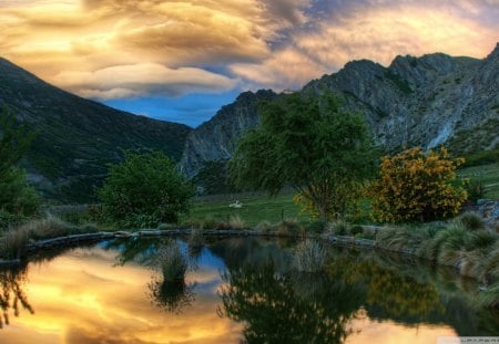 pond in gibbston new zealand - pond, mountains, trees, pasture