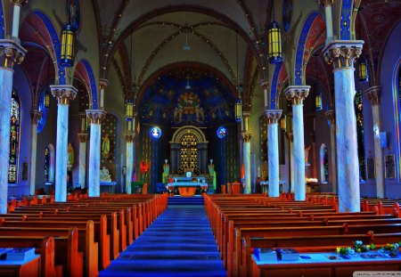 beautiful st. joseph church kansas - benches, arches, stained windows, church