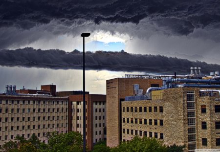 summer storm hdr - storm, clouds, buildings, factory