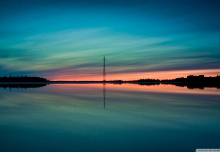 summer sunset reflection - sunset, city, reflection, bay, electric pole