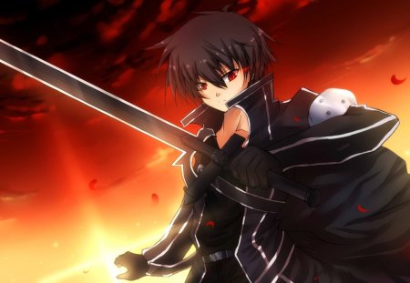 anime - short hair, anime, petals red, sword art online, black hair, eyes, kirigaya kazuto