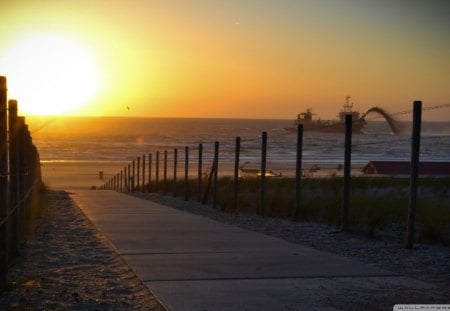 walkway to sunset - ship, beach, sunset, walkway