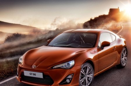 toyota gt 86 - fog, car, road, sunset