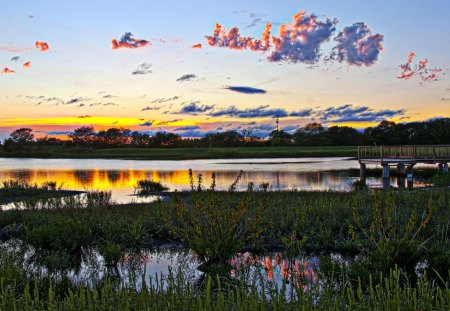 pier in wetlands lawrence kansas - wetlands, pier, sunset, clouds