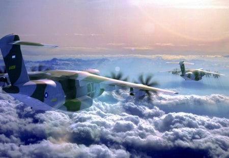 planes above the clouds - clouds, planes, light, wings