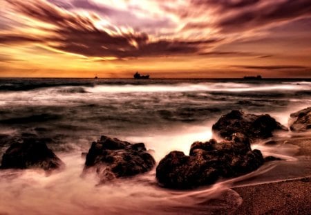 amazing sky - clouds, water, rocks, boat