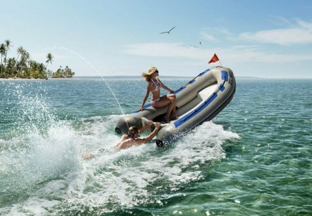 couple rafting - water, raft, trees, bird