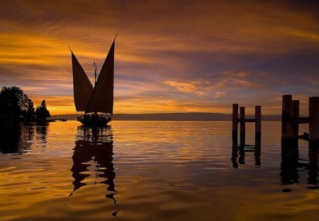 Lake Geneva - water, reflection, boat, clouds