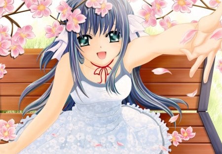 Smiling anime girl - cute, girl, cherry blossoms, smiling