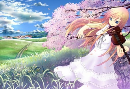 Sakura - violin, girl, pretty, cherry blossoms