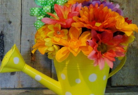 Happy morning all of youâ™¥ - bright, purple, precious, watercan, yellow, red, arrangement, pink, polka dot, orange, rustic, happy