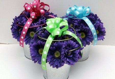 Pretty ribbonsâ™¥ - bows, polka dots, fashion, colored, violet, entertainment, centerpieces, purple, gerbera, pink, blue, green, ribbon, metal vase