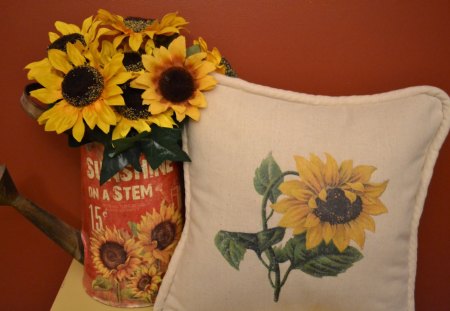 SunFlower Home Design♥ - watercan, yellow, forever, beautiful, fashion, entertainment, lovely, love, brilliant, bouquet, home, wonderful, sunflower, design, pillow