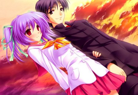 Sweet Couple.... :) - anime, purlpe hair, minami kara no tegami, girl, sweet, boy, sunset, kouzuka minami, cute