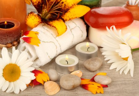 Flowers and Candles - beauty, candles, photography, shells, daisy, still life, pretty, soap, lily, petals, daisies, moments, relax, candle, lovely, nature, beautiful, stones, spa, towels, flowers, colors