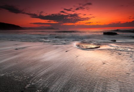 Red Sunset - beauty, beach, sky, ocean waves, peaceful, sunset, view, clouds, red sunset, sand, ocean, lovely, waves, nature, beautiful, red, splendor, sea