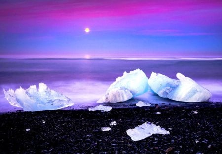 ICE ROCKS - ice, boulders, winter, sunset, sea, rocks