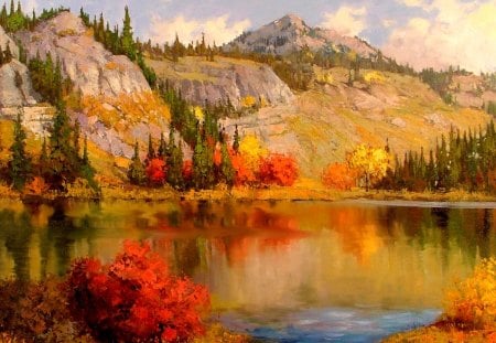 LAKE - autumn, lake, trees, landscape, mountain, nature, ridge, art, clouds