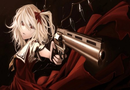 Flandre Scarlet - anime girl, female, flandre scarlet, gun, dress, blonde hair, red eyes, hair bow, short hair, smile, touhou, pony tail, bust, weapon, bow