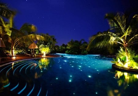 SWIMMING POOL - swimming pool, lights, night, resort, stars