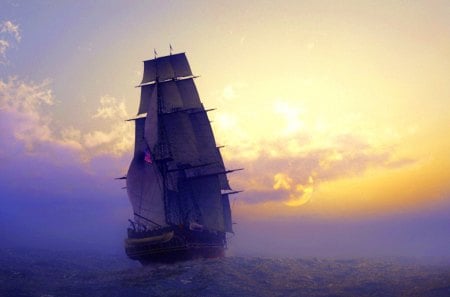 SAILING to the HORIZON - horizon, sailing, sunset, ocean, sails