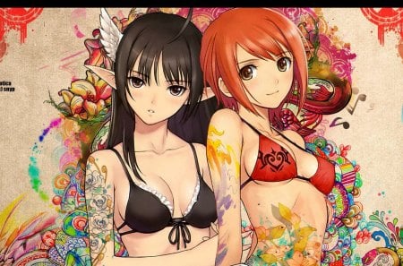 Shining Tears - girls, woman, underwear, sexy, girl, long hair, rose, red hair, bra, black hair, open mouth, wing, anime, smile, short hair, flower