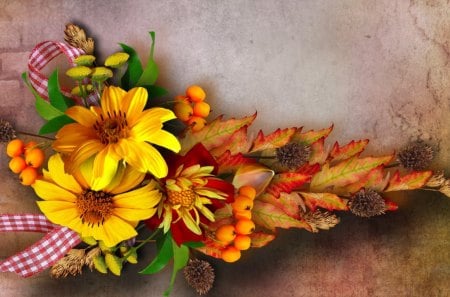 Fall Bouquet for You - bows, sunflowers, autumn, ribbons, seed pods, bouquet, thistles, swag, fall, fleurs, vintage, leaves, flowers