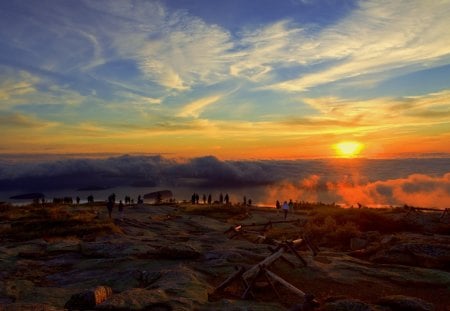 Cadillac Mountain Sunrise. - clouds, sunrise, mountains, people