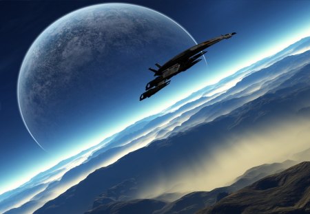 fantasy art - moon, starship, mountains, planet