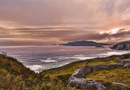 StoneWall - shore, sunset, coast, ocean