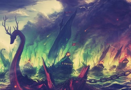 Fantasy sea - abstract, boats, fantasy, sea