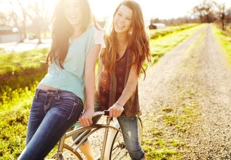 Happiness - sunlight, sunshine, females, happy, ridding, girls, bike, countryside, happiness, outdoors, cute, sexy