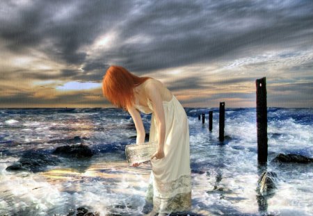 Poured it Out - woman, sky, people, hair, water, white, dark, clouds, stormy, ocean, glass, girl, day, vase, waves, nature, rough, poles, person, red, tide, dress