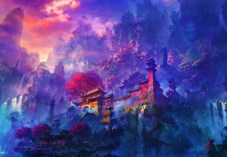 Oriental Mountain Temple - abstract, art, digital, beautiful